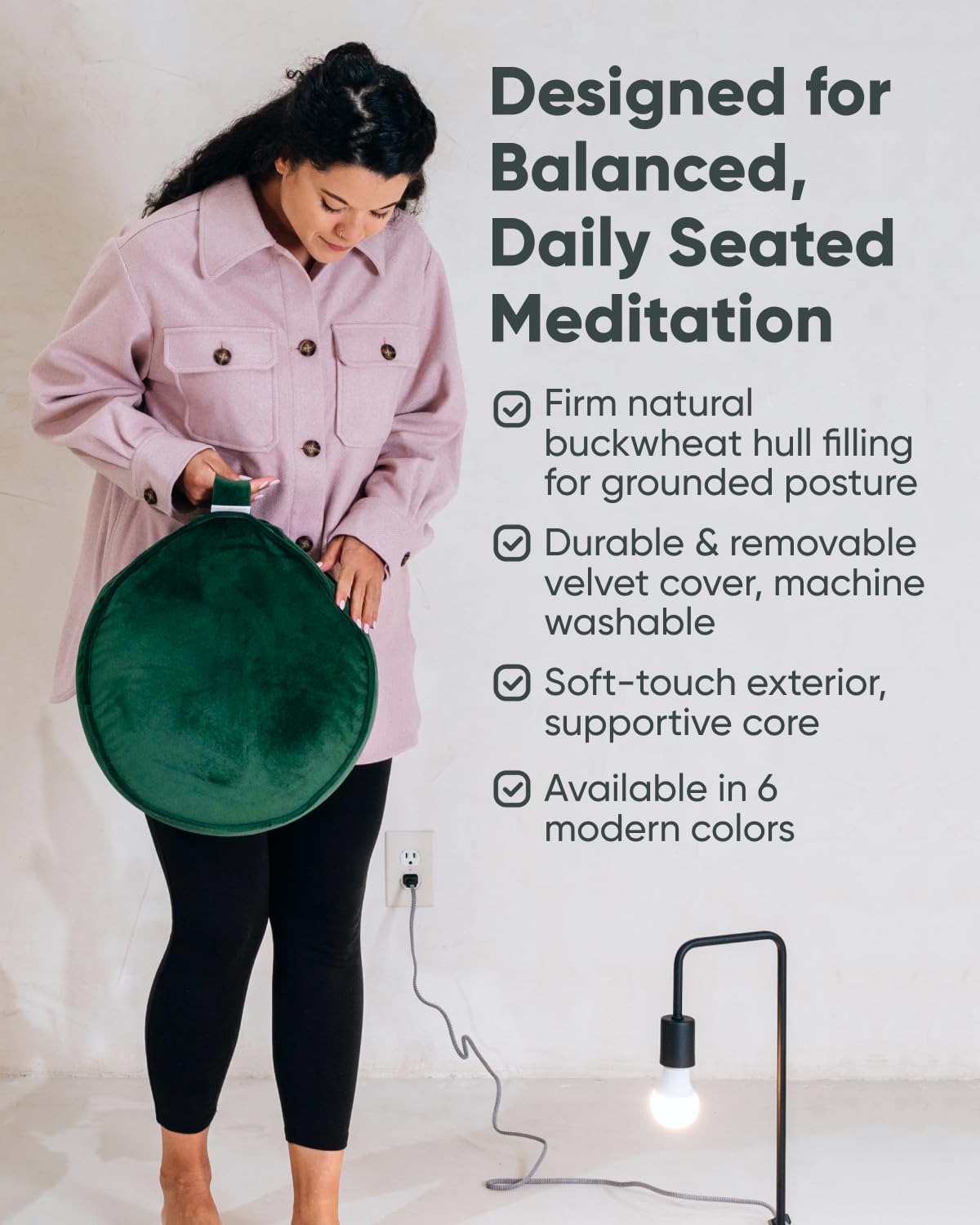 Mindful & Modern Velvet Meditation Cushion | Luxe Zafu Yoga Floor Pillow Seat | Posture Support | Buckwheat Hull Filled | Large Round Cushion with Removable Washable Cover + Carry Handle | Color Green