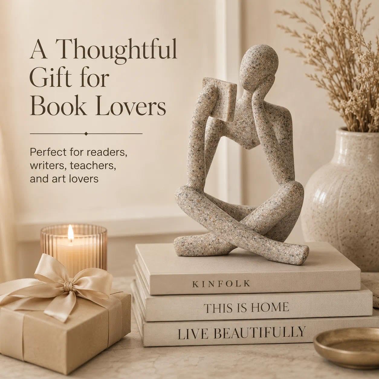 LINZHEN Bookshelf Decor Thinker Statue, Sand Abstract Reading Figurine Style B, Resin Decorative Bookend for Coffee Table, Shelf, Home Office, Library, Gift for Book Lovers