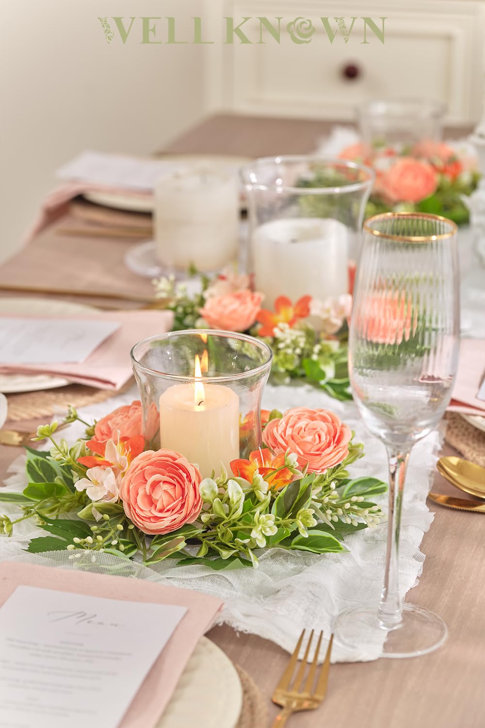 WELL KNOWN 2 Pcs Mini Spring Floral Candle Rings Wreaths for Pillars Home Table Window Decor, 9 Inches Artificial Flower Cabinet Wreath for Kitchen Farmhouse Wedding Party (Peach Ranunculutus)
