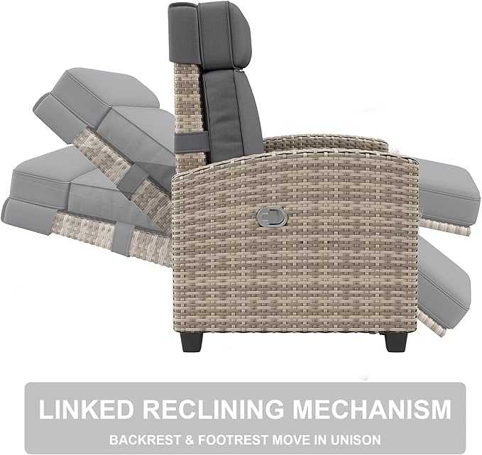 Towallmark Adjustable Rattan Recliner Chair, Patio Lounge Chairs with Cushion, Outdoor Porch Chaise with Flip Up Side Table & Footrest for Porch, Outside Balcony, Deck