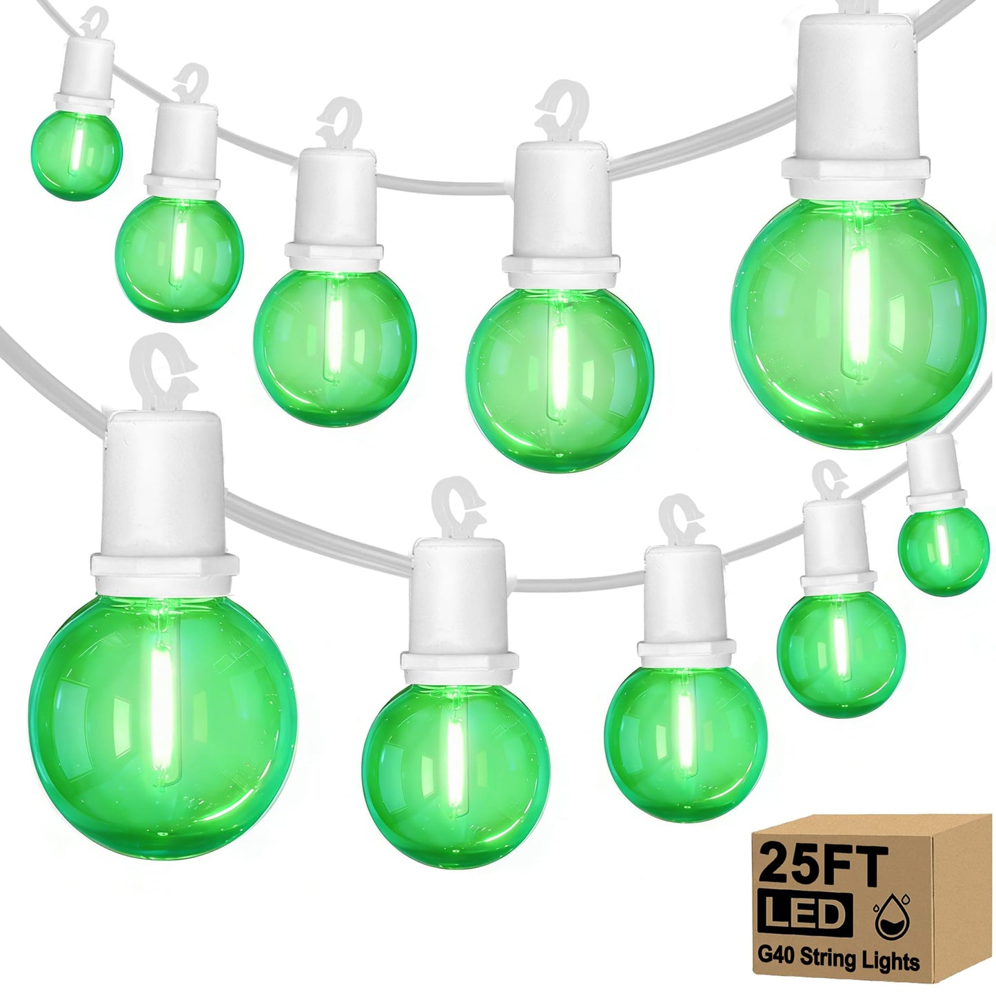 G40 LED St. Patrick's Day String Lights Outdoor, 25Ft St Patricks Decorations Lights Outdoor with Clear Green Round Bulbs, Hanging Patio Lights Shatterproof for Indoor Home Decor Party, White Wire