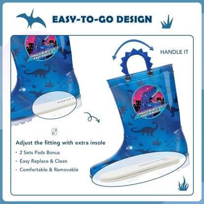 EUXTERPA Light Up Wellies for Boys Girls, Boy Dinosaur Kids Welly Boots Children Wellingtons Waterproof Boots with Handle Size 9 UK Child