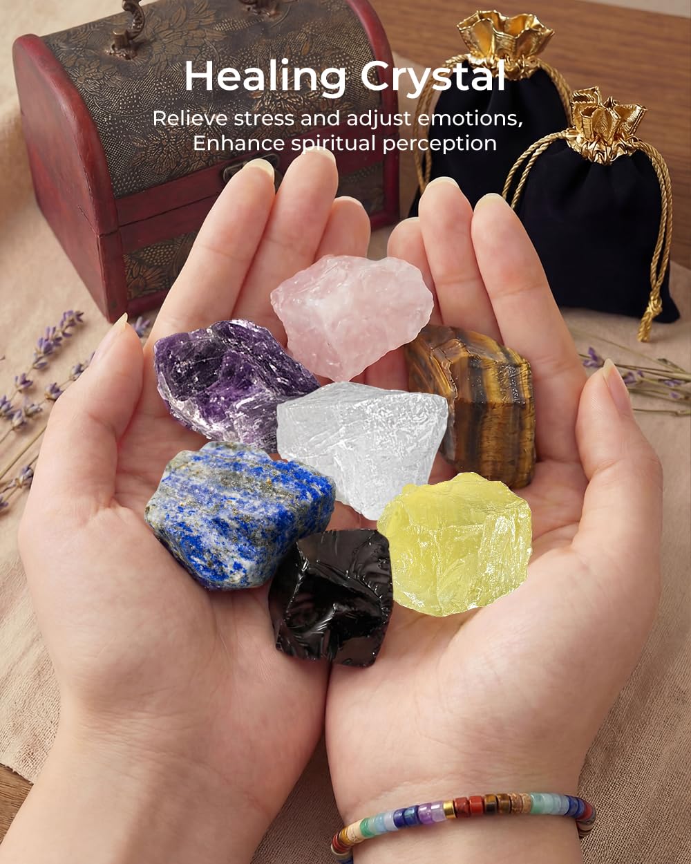 Crystals and Healing Stones Set - Chakra Crystals Gift for Women, Thumb Worry Stones, Chakra Bracelets, 7 Chakra Stones Set, Orgone Pyramid for Positive Energy Balance, Birthday Gifts for Women