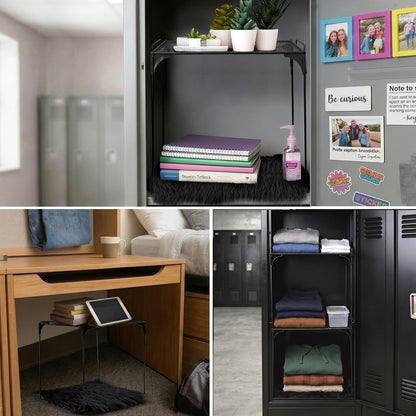 ARCTURINE Locker Organizer Shelf with Square Fluffy Mat, 3 Pcs 24in Tall Stackable Metal Mesh Wire Rack, Foldable Locker Organizer Shelf Accessories for Office Gym Back to School Essentials(Black)