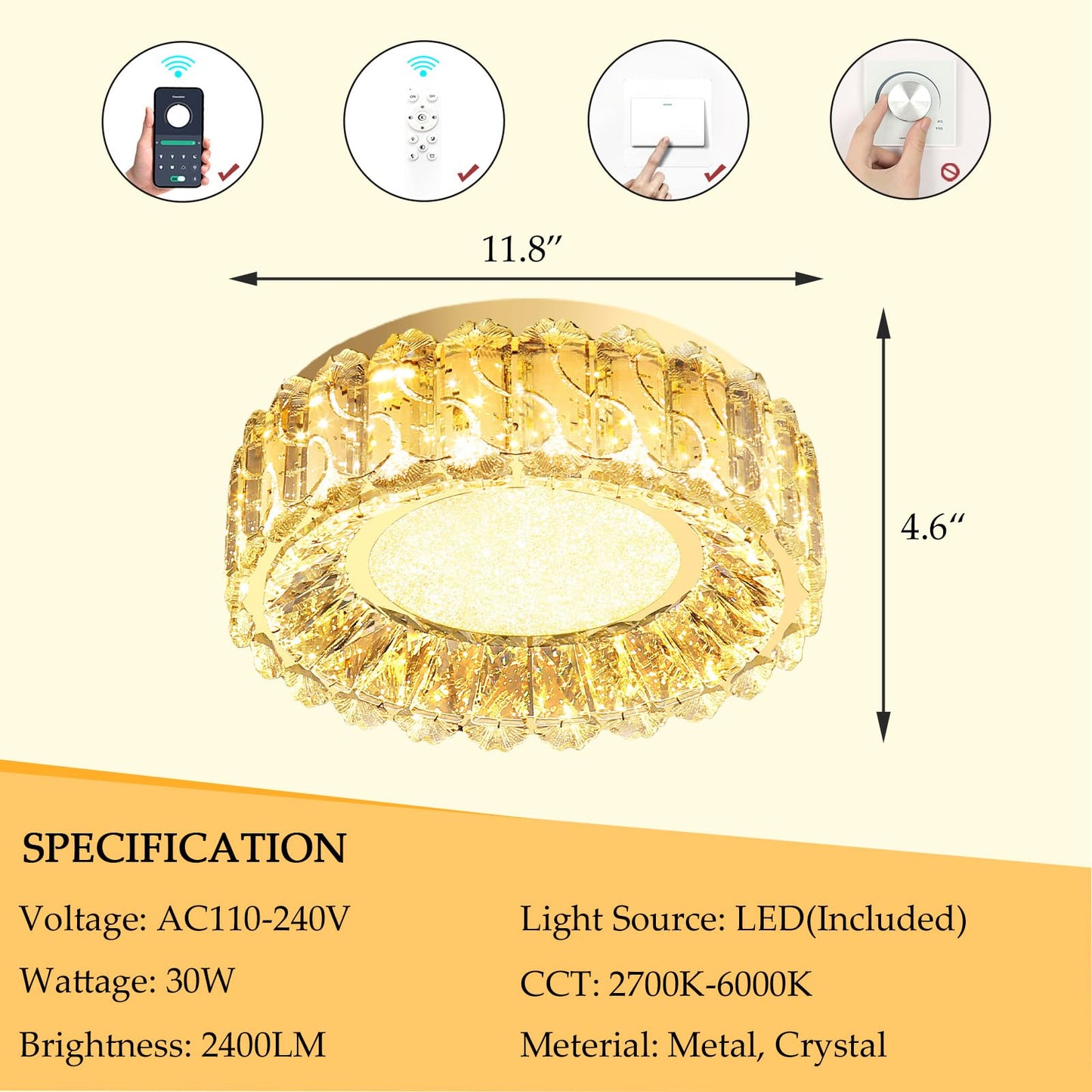 AFQEJG 12 Inch Dimmable Crystal Chandelier Modern LED Flush Mount Ceiling Light Fixtures for Bedroom Hallway Staircase Gold