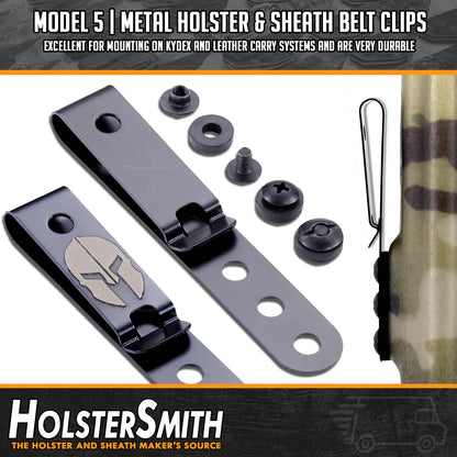 HolsterSmith Universal Metal Belt Clip for Holster Making - (Model 5) - (3-Hole) - (Tactical Black) - (w/Don’t Tread On Me Engraving) - (1 Pack)