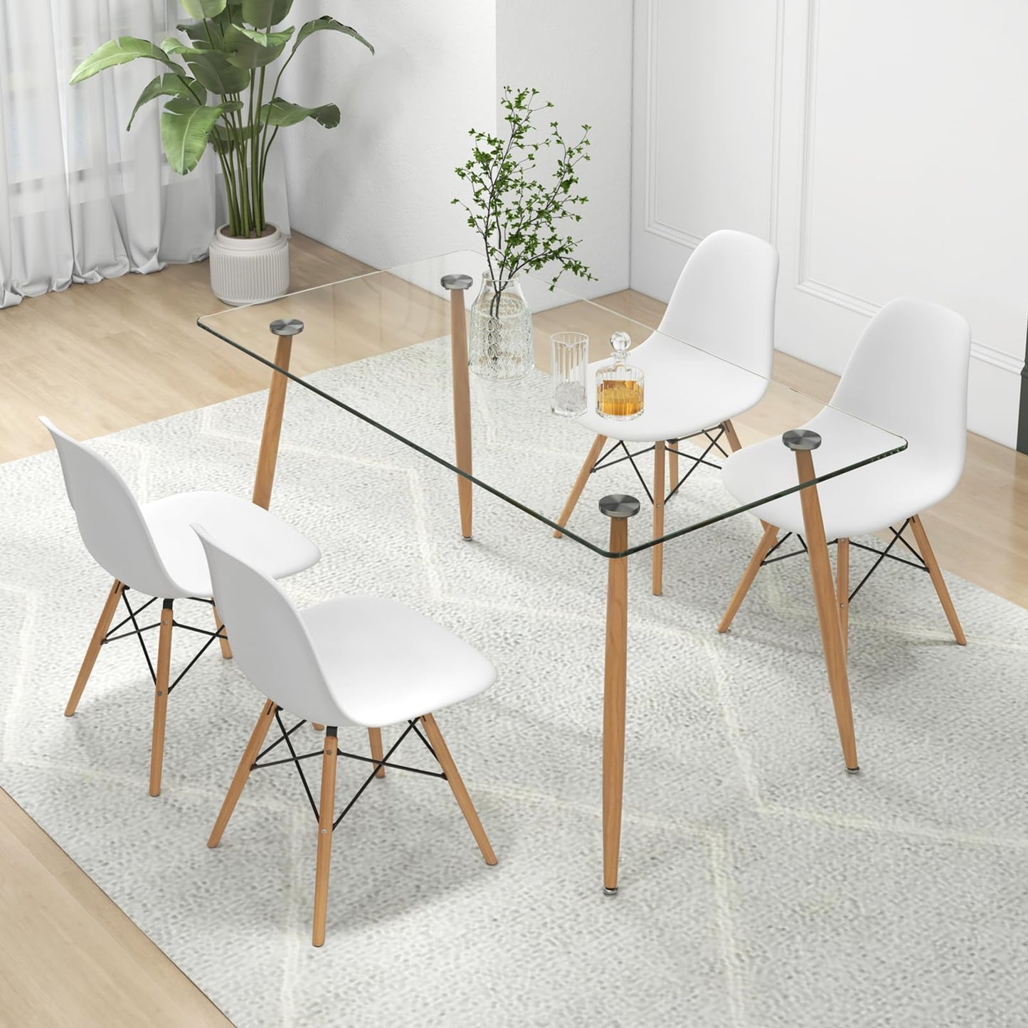 Giantex Dining Table Set for 4, Rectangular Glass Dining Table & 4 White DSW Chairs, 5-Piece Modern Dinette Set for Breakfast Nook, Dining Room, Kitchen, Living Room, White