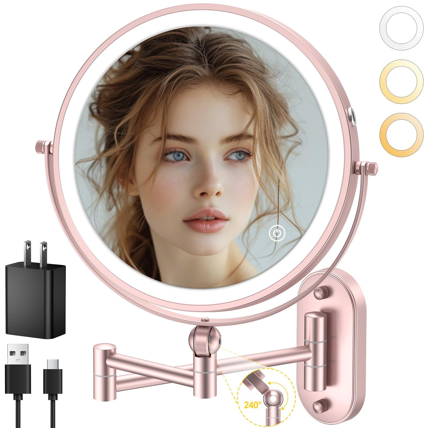 9" Wall Mounted Lighted Makeup Mirror,4000mAh Rechargeable Double Sided 1X/10X Magnifying Mirror with Light,3 Color Lights,Touch Dimmable,Extended Arm 360 Rotation Wall Mounted Makeup Mirror