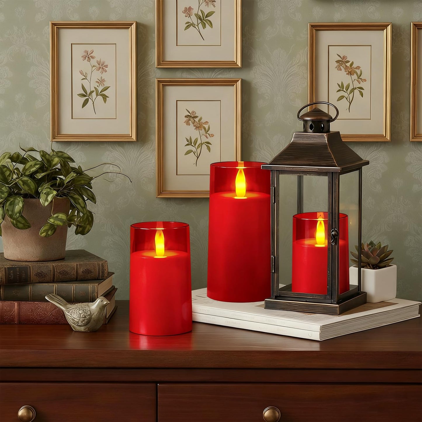 Raycare Independence Day Flameless Electronic Pillar Candles with Remote Timer- Battery Operated Realistic Flickering LED Fake Candle for 4th of July Patriotic Home Decor, Red,Set of 3(3"x4"5" 6")