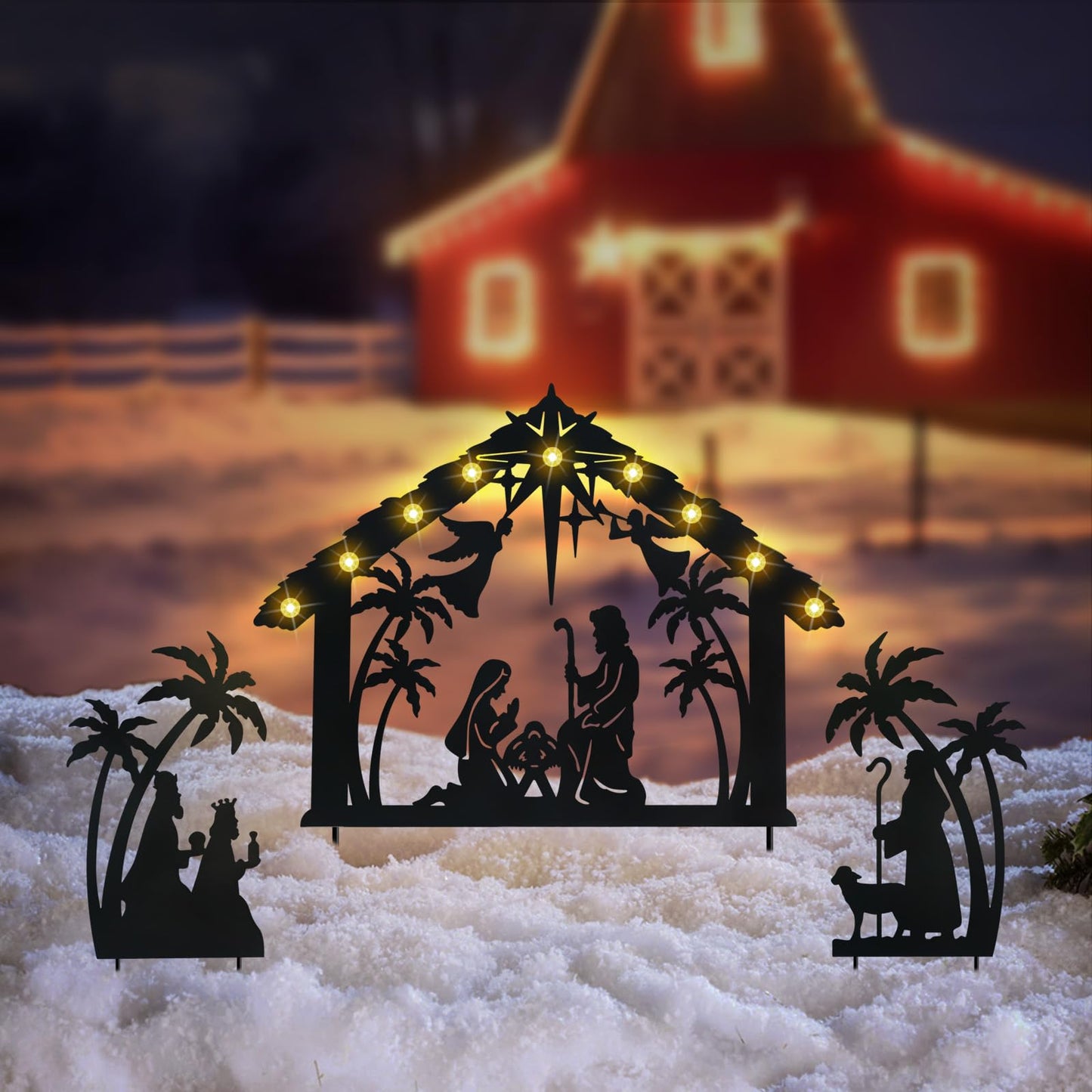 Hokfirm Solar Nativity Scene Outdoor,3Pack Lighted Outdoor Christmas Decorations,Metal Silhouette Nativity Set Outside for Yard Garden Stake