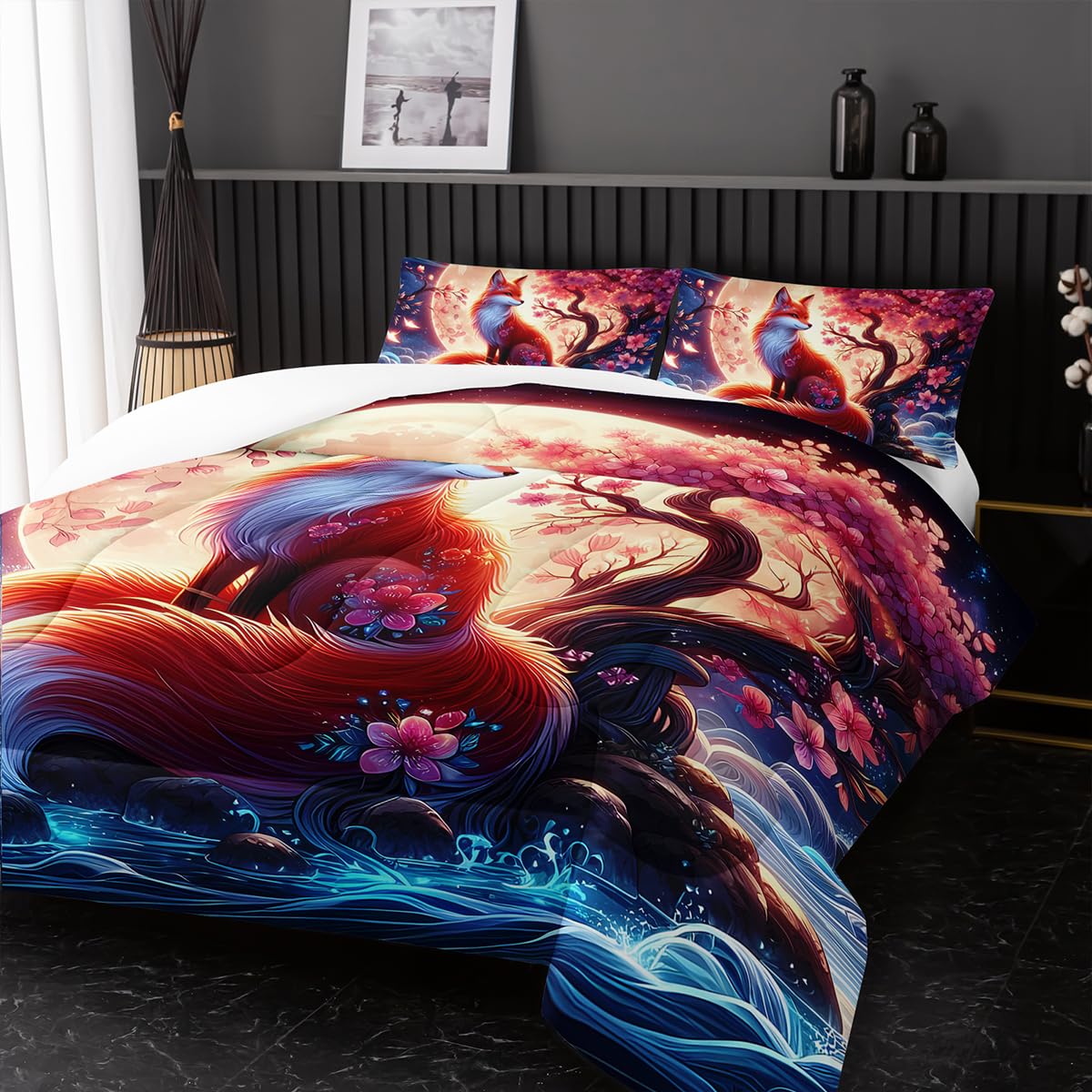 Nttopship Fox Comforter Bedding Set with 2 Pillowcase Twin Size Cartoon Fox Sakura Comforter Set for Kids Boys Girls Bedroom Decor
