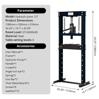 12T Hydraulic Press, Heavy Duty H-Frame Garage Floor Hydraulic Shop Press with Press Plates, Adjustable Working Table Height, for Auto Repair, Black