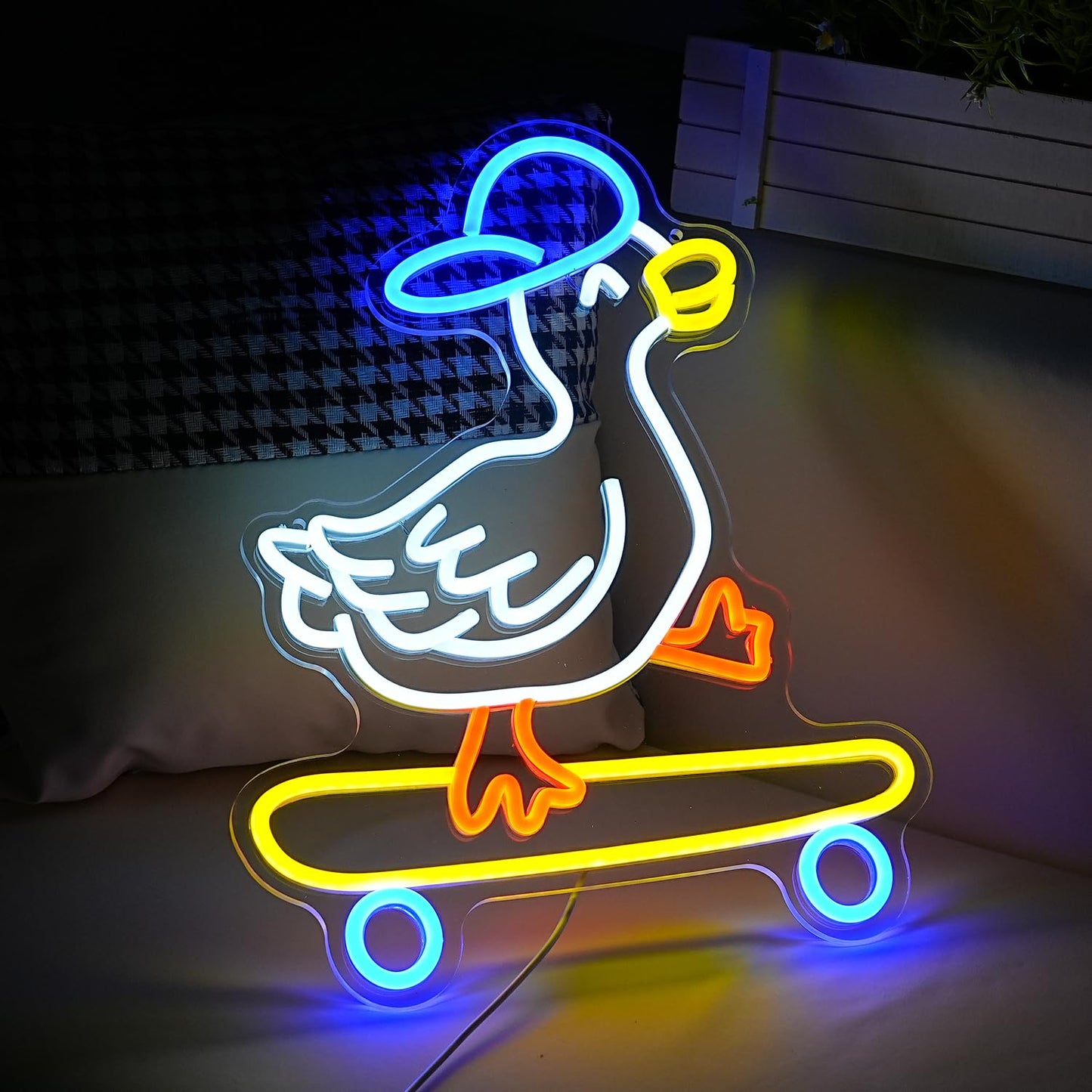 Skateboard Duck Neon Sign Dimmable LED Happy Duck Neon Light USB Powered Hat Duck Light Up Sign for Living Room Bedroom Art Wall Decor Boy Girl Gifts (16.5”*12.6”)
