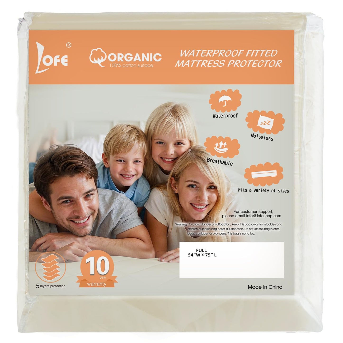 Lofe Organic Full Mattress Protector - Top&Side 100% Waterproof Mattress Protector, Breathable Organic Mattress Protectors, Noiseless Full Mattress Protectors Waterproof 75x54x17 in