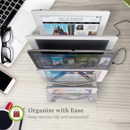 Prosumer's Choice Universal Charging Rack Organizer - Multi Device Stand Holds 5 Tablets or Smartphones - Desktop Tablet Holder and Storage Station - Compact Tech Organizer Dock for Home or Office