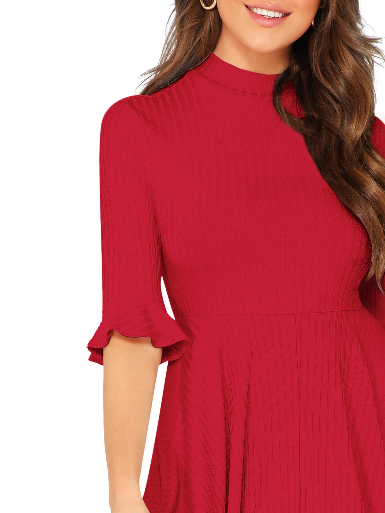 Verdusa Women's Ruffle Half Sleeve A Line Fall Dresses Elegant Fit and Flare Midi Dress Red Solid Small