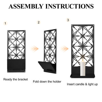 Doodlream 2 Pack Candle Wall Sconces, Retro Black Metal Wall Candle Holders, Foldable Floating Shelves with Rectangle Floral Geometric Back, Farmhouse Wall Decor for Entryway Living Room Bedroom