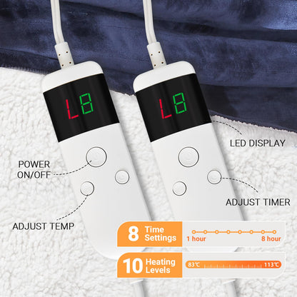 Electric Heated Blanket Queen Size 84''x90'' Soft Flannel & Sherpa Electric Blanket with 10 Heating Levels, Automatically Shut Down After 8h with Overheat Protection Machine Washable