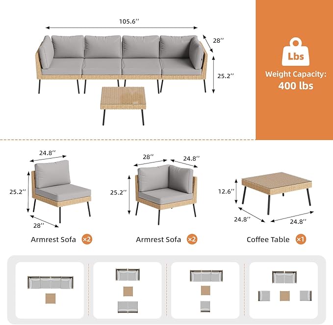 Aoxun 5-Piece Patio Furniture Set, Wicker Outdoor Furniture