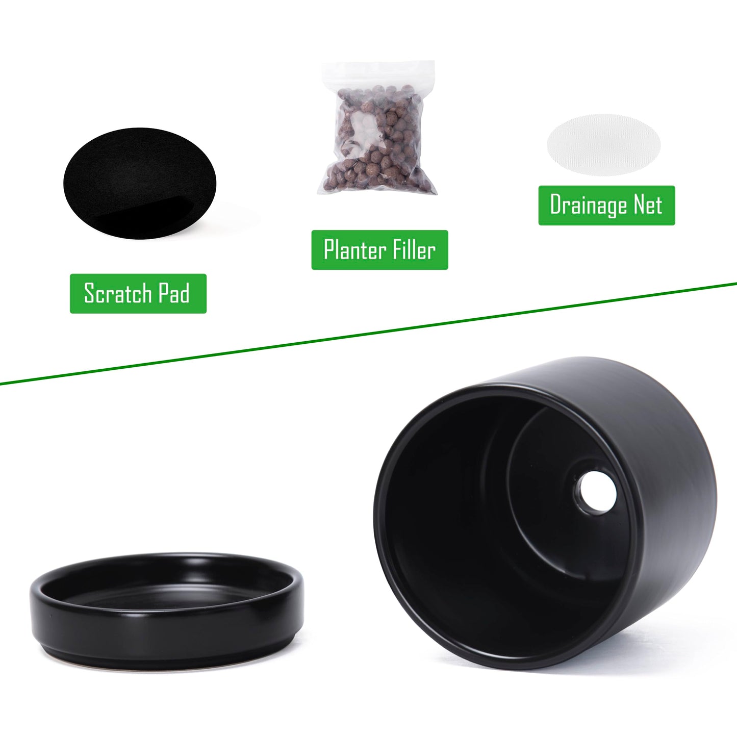 D'vine Dev Set of 4 Small Ceramic Plant Pots, 3.5 Inch Succulent Planter Pot for Plants with Drainage Hole and Saucer, Black, 94-X-A-2