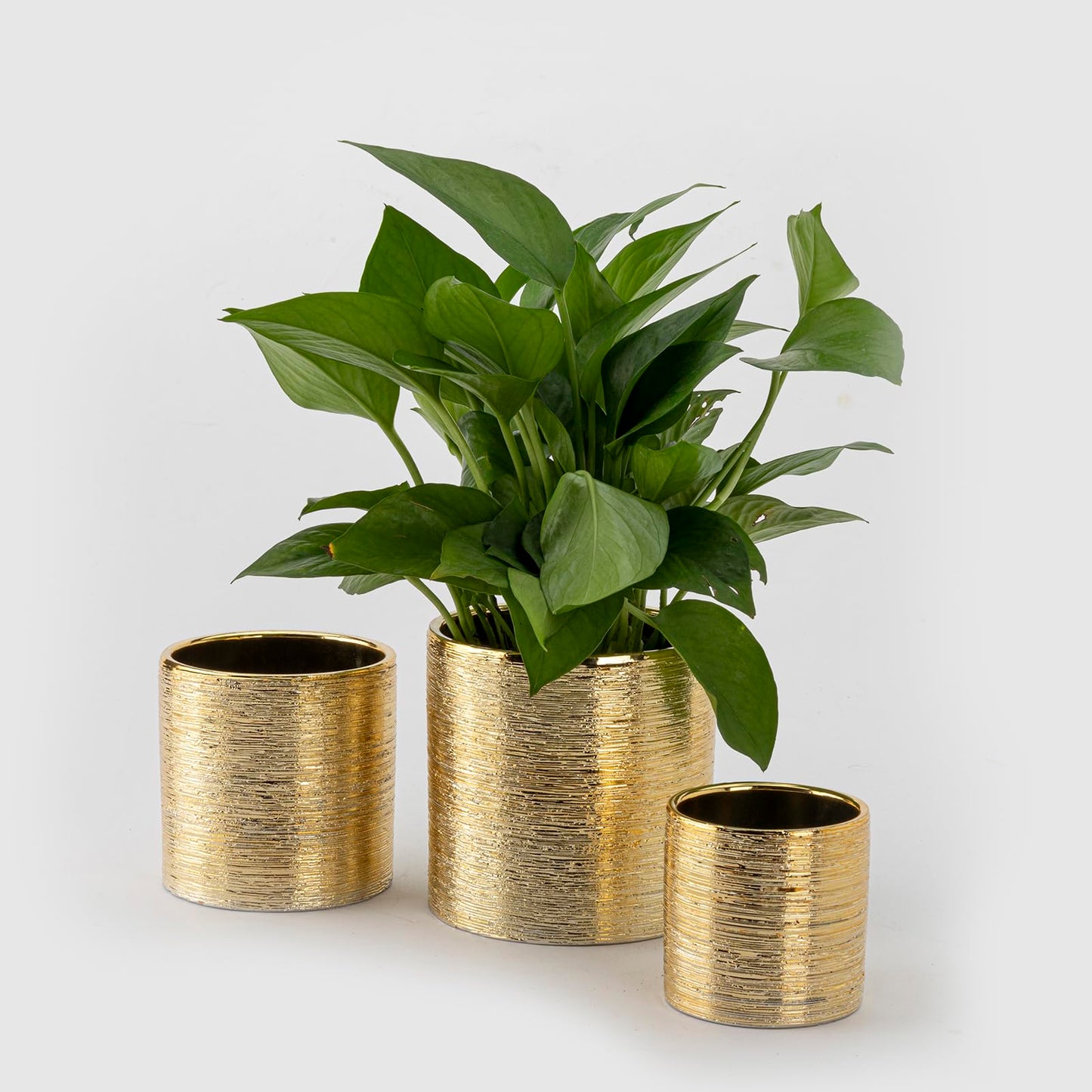 ROMANDECO CRAFT Indoor Plant Pot Flower Holder Ceramic Houseplant Pots Gold Shinny (Opening Size 4.1+3.5+2.6 inch) with Hole (Not Contain Plant)