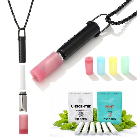 Daursul Breathing Necklace with Cotton Core, Nicotine-Free Oral Fixation Alternative, Replaceable Cotton Filters, Stress Relief Breathing Pendant for Quitting Habits (Black+2 Flavor Packs with)