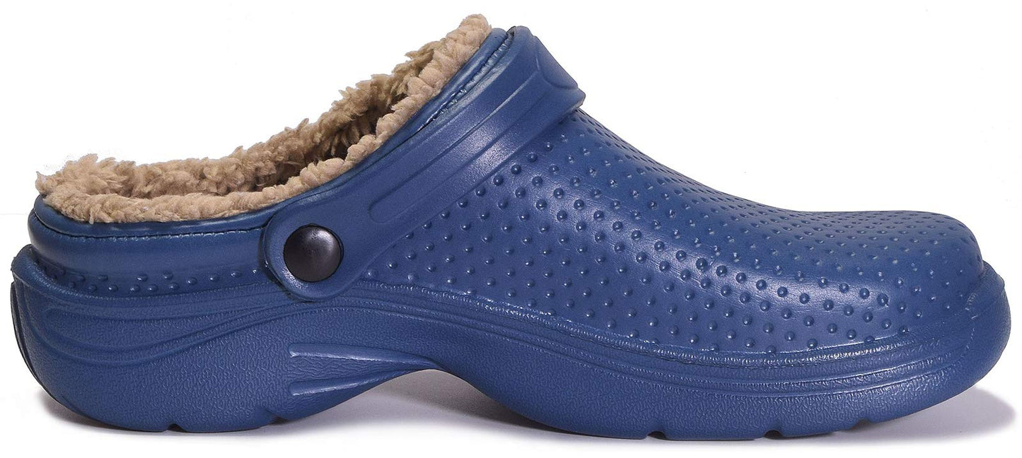 Waterproof Slippers Women Men Lined Clogs Winter Fur Garden Shoes Warm Mules House Anti-Slip Slippers Indoor Outdoor, Dark Blue, 10 UK, 44 EU