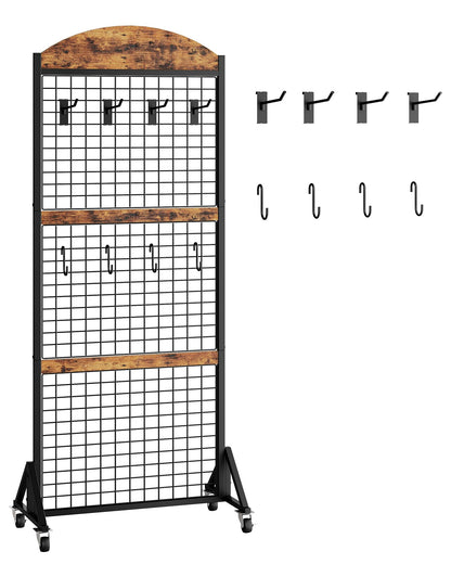 CHOEZON Grid Wall Panel 5.7' x 2' FT Grid Display Rack, 2 Pack Movable Gridwall Display Stand with 8 S-Shaped Hooks and 8 Garment Hooks, Floorstanding Wire Grid Rack, Rustic Brown and Black TCJ17P2BF
