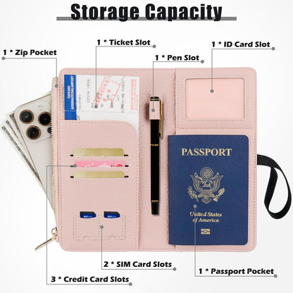 Dannir Travel Passport Wallet, RFID Blocking Passport Holder with Zipper, Passport Cover for Women Men, PU Leather Travel Document Organizer with Card Slots, Gift for Family Friends, Pink