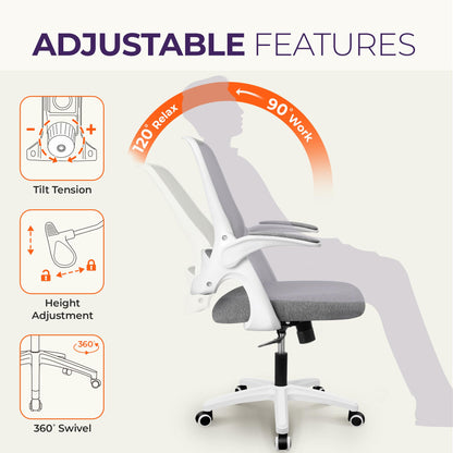 NEO CHAIR Office Desk Computer Gaming Ergonomic Chair with Lumbar Back Support Adjustable Height Swivel Wheels Flip-up Arms Mesh Chair for Home or Office (Grey)