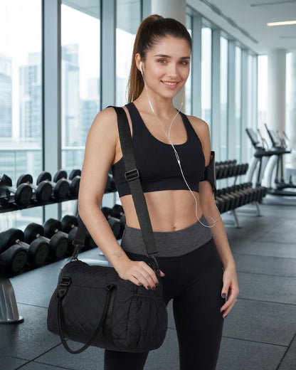 KUIRAN Gym Bag for Women with Yoga Mat Holder, Small Mini Gym Tote Bag Puffy Quilted Lightweight Sports Duffel Bag with Wet Compartment for Dance Yoga Workout Travel - Black