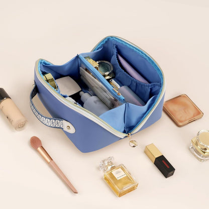 Prite Large Capacity Makeup Bag Portable Travel Cosmetic Bag Waterproof Toiletry Case with Clear Divider and Handle (Blue)