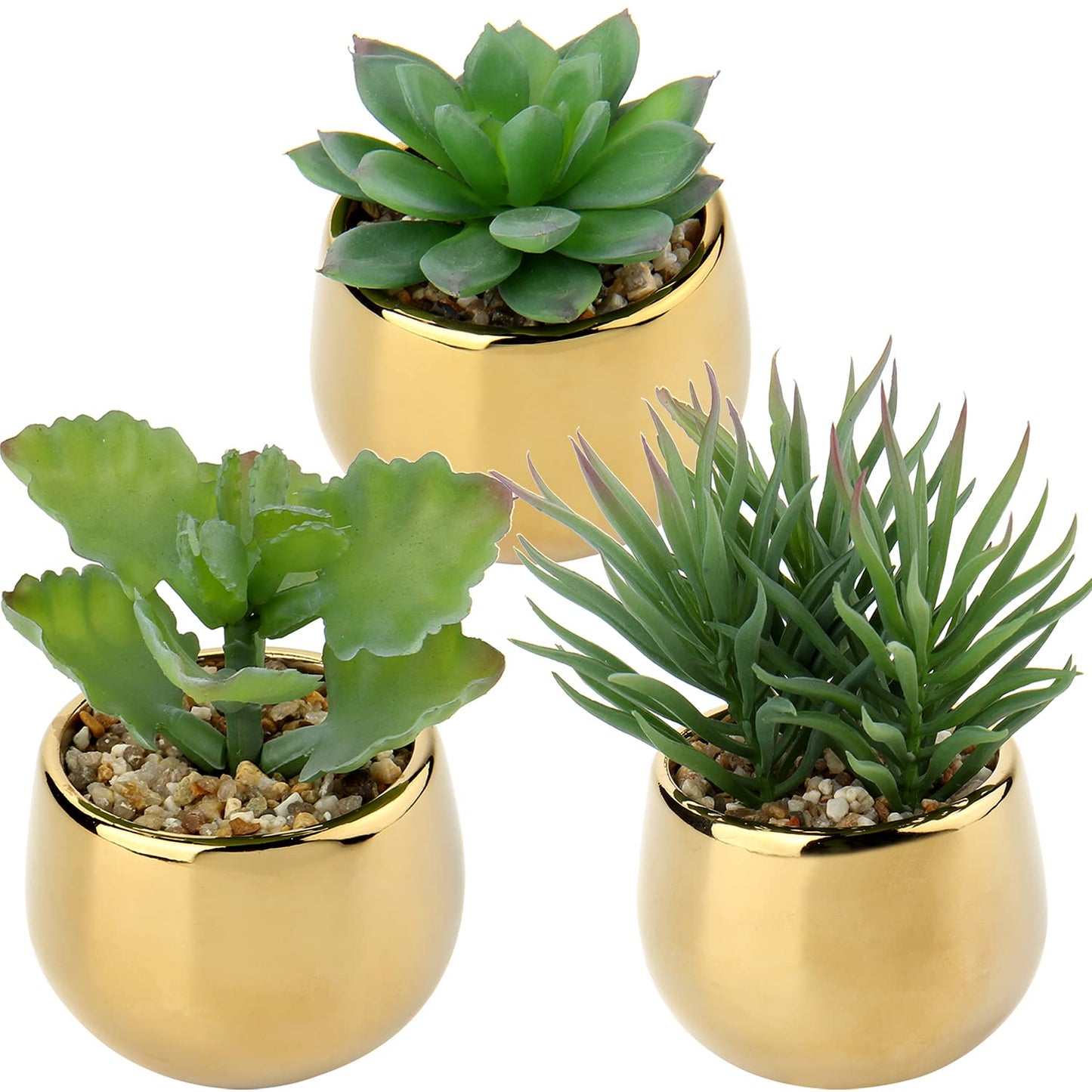 Briful Small Artificial Succulents in Pots Set of 3 Realistic Faux Succulents Plants with Gold Ceramic Pots Cute Mini Fake Plants Decor for Modern Home Table Office Desk Bathroom Shelf Decoration