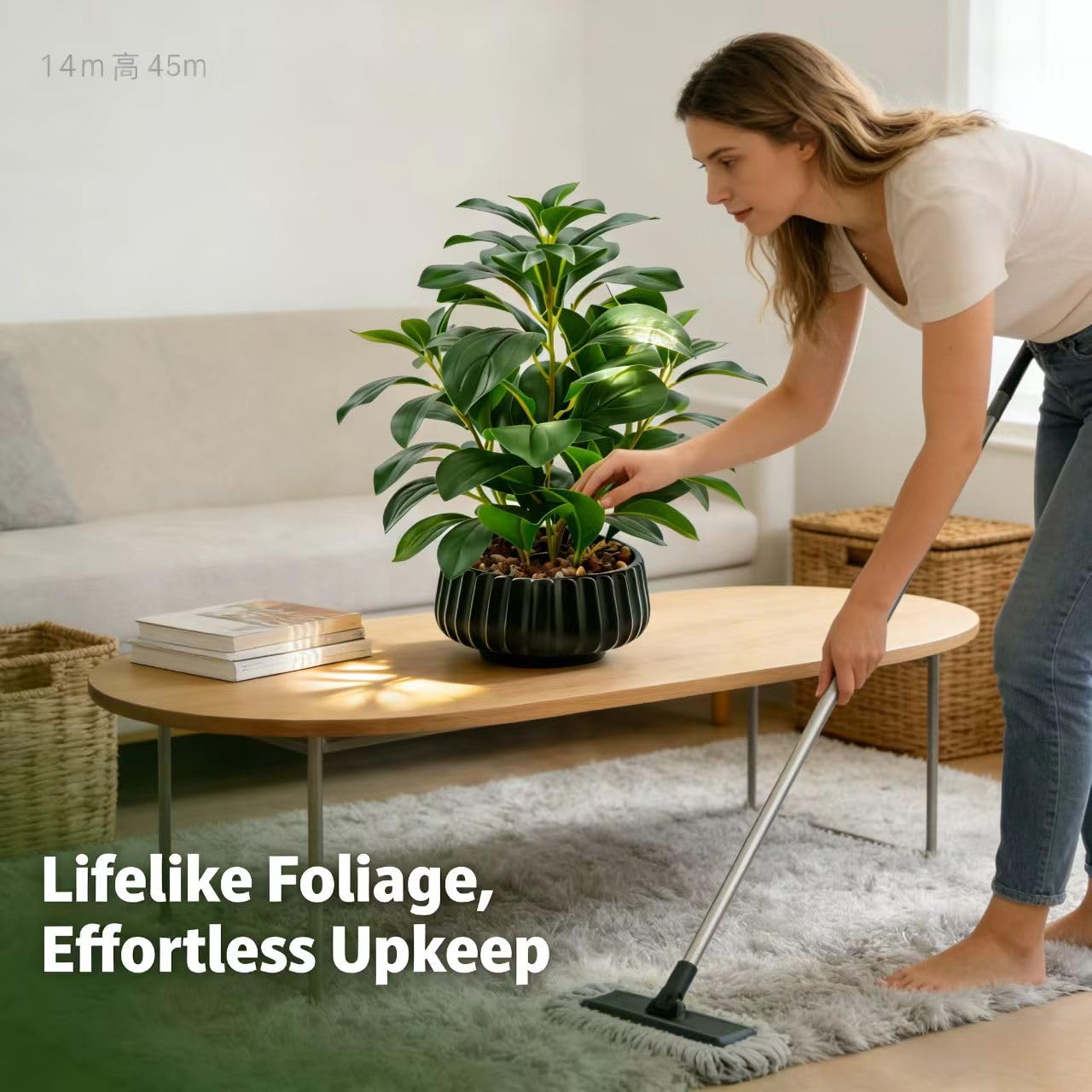 Ewtogift 16" Artificial Peperomia Potted Plant in Black Ribbed Ceramic Planter Realistic Faux Green Leaves Tabletop Branches for Indoor Home Office Living Room Shelf Desk Decor