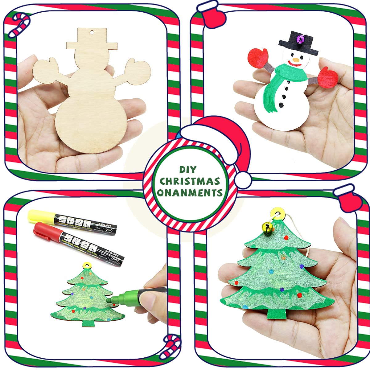 Pseutio 50 PCS Unfinished Wooden Christmas Ornaments DIY Christmas Wooden Slices with 50 Jingle Bells for Crafts Christmas Hanging Decorations (10 Shapes)