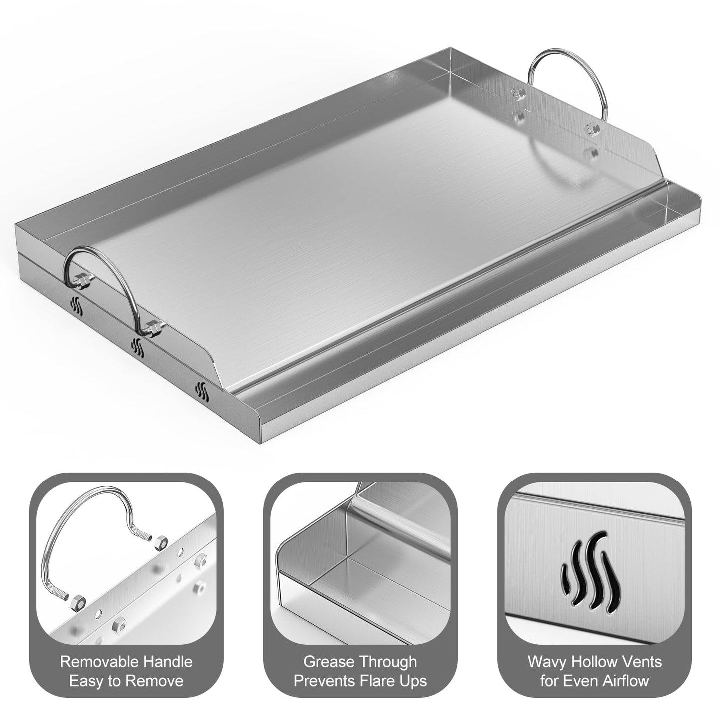 onlyfire Stainless Steel BBQ Griddle, Outdoor Flat Top Griddle Pan with Grease Groove and Handles for Gas and Charcoal Grills, 25”x16”