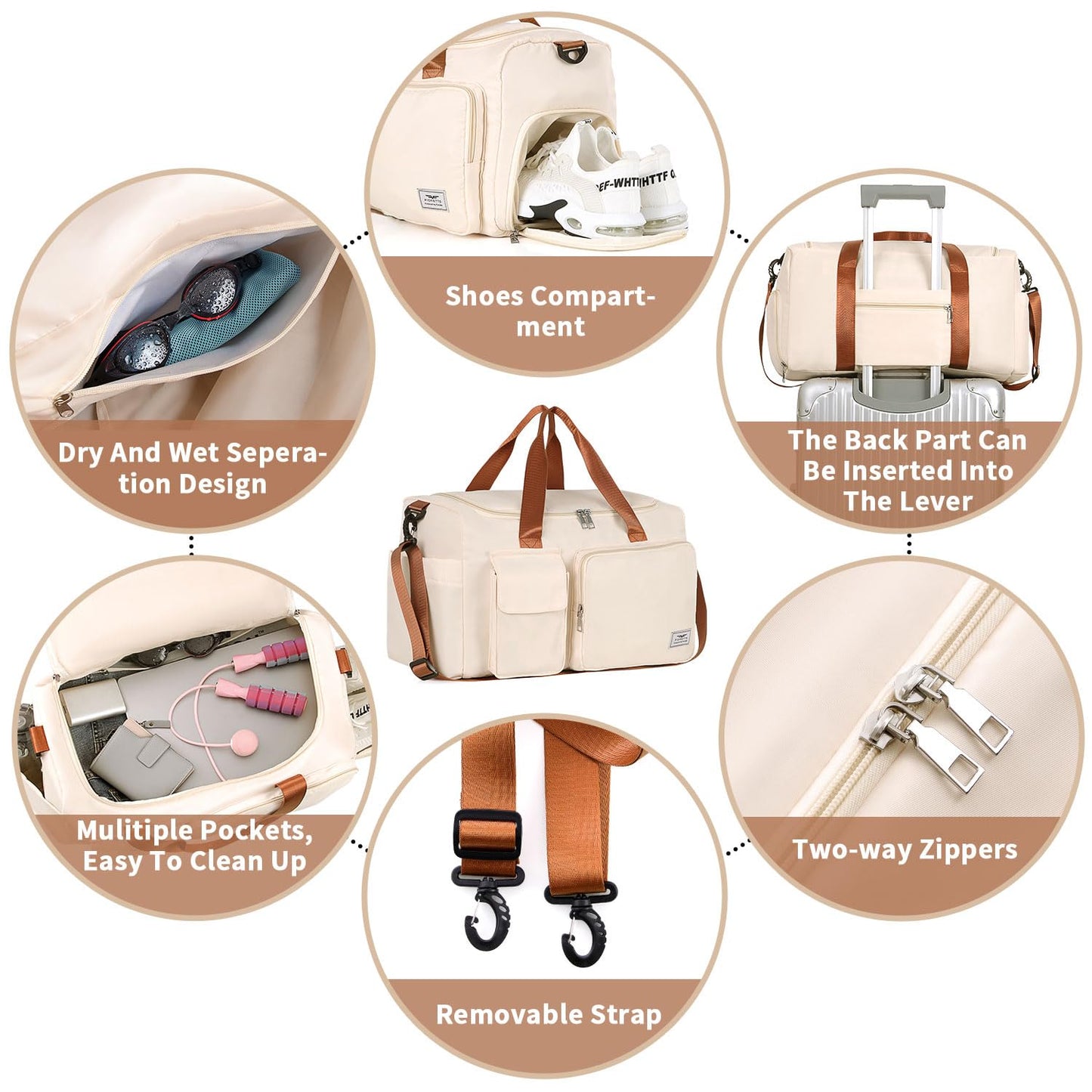 FIORETTO Women's Gym Duffle Bag with Shoes Compartment, 30L Capacity, Ideal for Travel, Gym, Sports, Duffel, Weekender, Beige& Brown