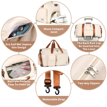 FIORETTO Women's Gym Duffle Bag with Shoes Compartment, 30L Capacity, Ideal for Travel, Gym, Sports, Duffel, Weekender, Beige& Brown