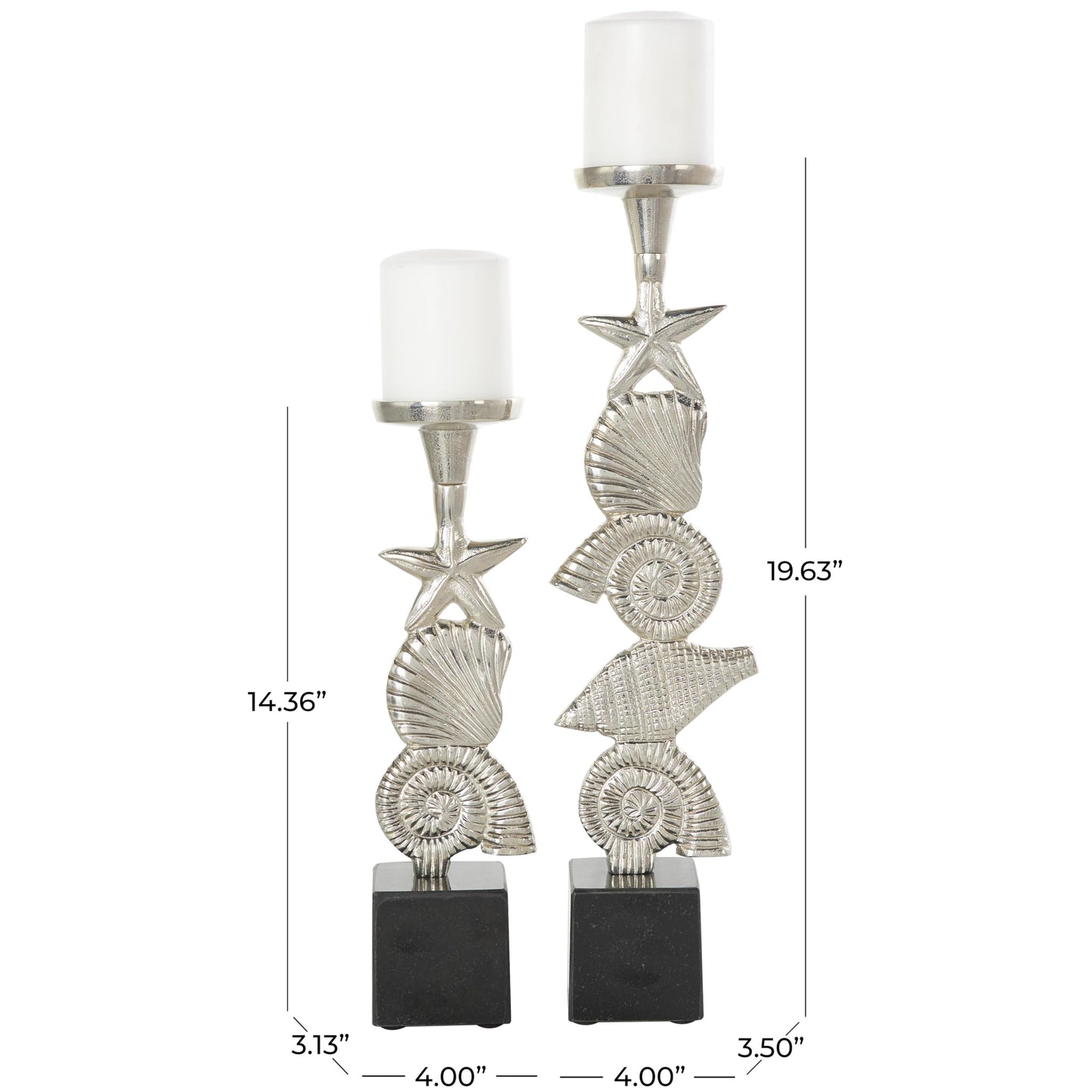 Deco 79 Aluminum Metal Shell Decorative Candle Holder Candle Stand with Black Marble Bases, Set of 2 Candlestick Holder 20", 14" H, Silver
