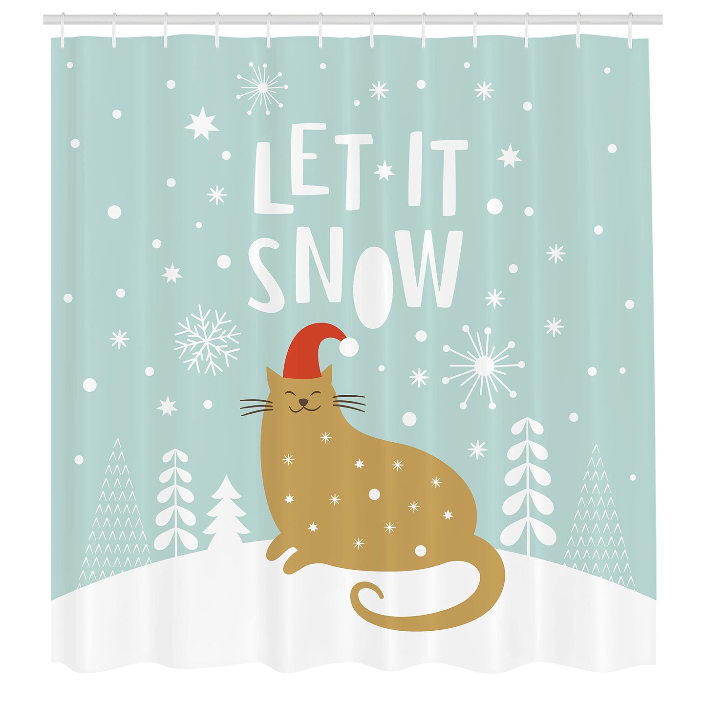 Ambesonne Christmas Shower Curtain, Let It Snow Words Kitty Cat with Santa Claus Hat Snow Graphic, Cloth Fabric Bathroom Decor Set with Hooks, 69" W x 70" L, Brown Seafoam