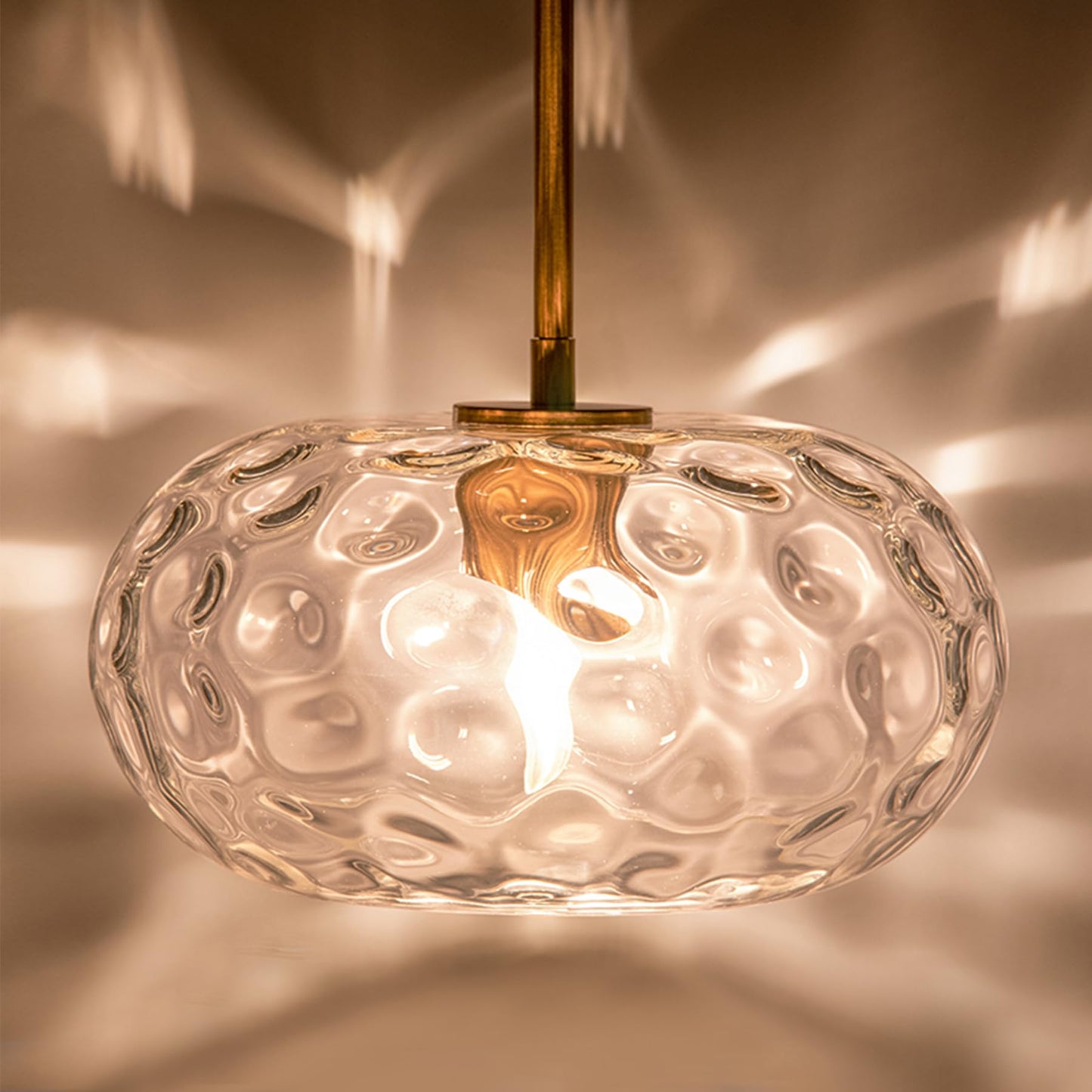 PrismGlowLume Hammered Glass Rod Pendant Light, Modern Gold Chandelier Lighting Fixture Mid-Century Brushed Brass Hanging Ceiling Lamp for Kitchen Island Dining Living, Bathroom, Hallway (Clear, 11")
