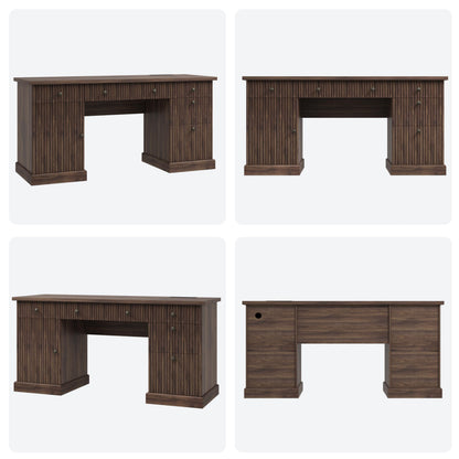 Garvee 60" Office Desk with Storage & Drawers. Fluted Wood Computer Desk with Power Outlet & Adjustable Shelves.Modern Executive Desk for Home Office/Bedroom/Gaming-Brown