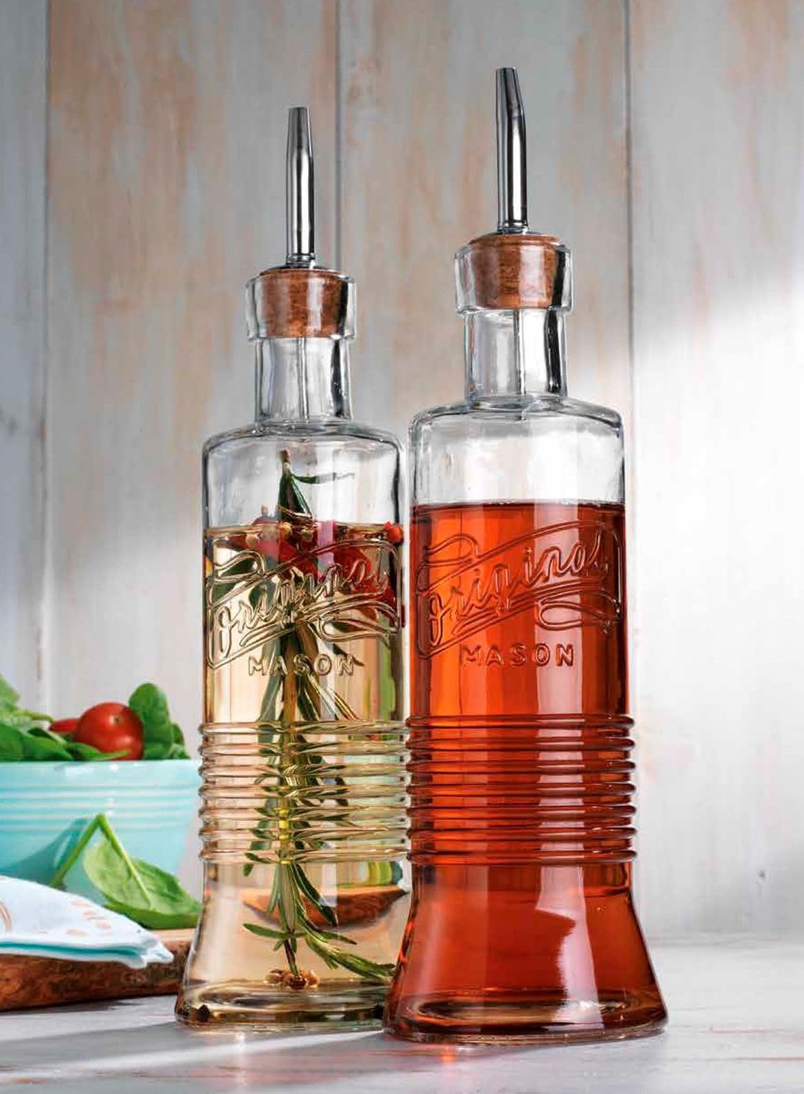 MosJos Original Mason Oil and Vinegar Dispenser Set - 17 oz Glass Olive Oil & Vinegar Cruet Set - Non-Drip, BPA-Free, Dishwasher Friendly Bottles with Stainless Steel Spouts