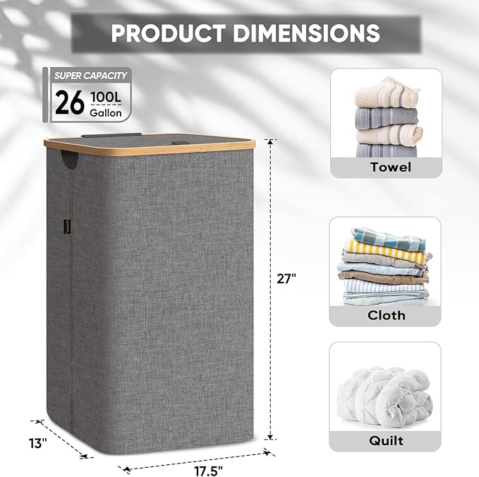 BALEINE Laundry Hamper with Lid, Tall Laundry Baskets with Bamboo Pull Handles