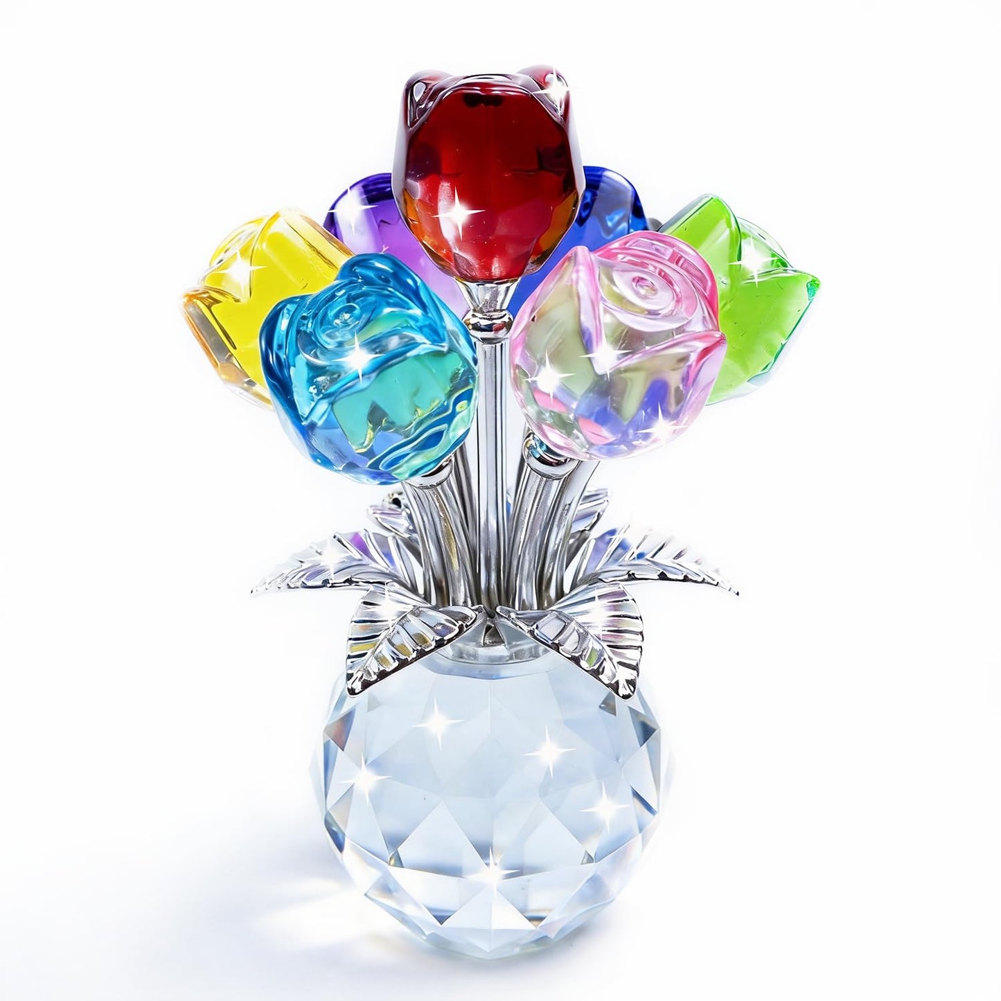TWINKLING Crystal Roses Figurine with Round Vase, Glass Rose Crystal Flowers Bouquet, Birthday, Anniversary,Wedding, Home Décor,Silver Leaf (Multicolor)