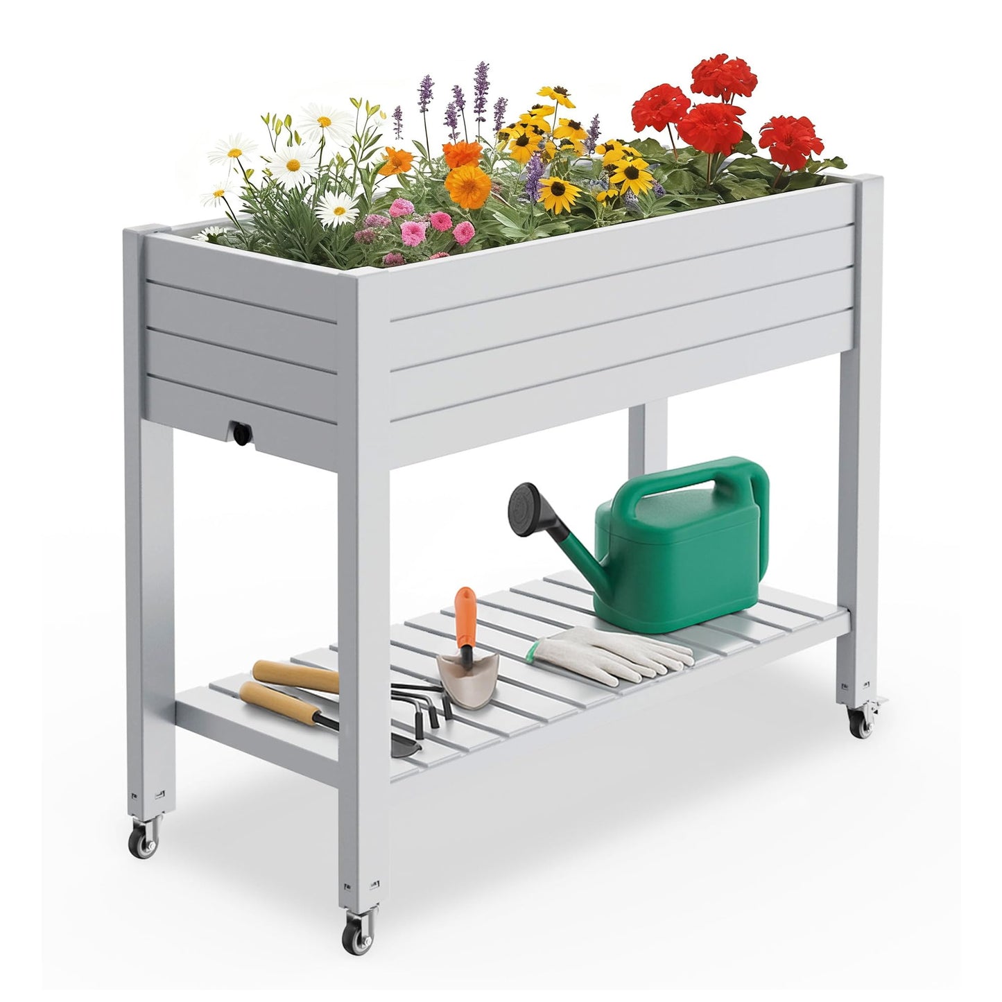 PatioZen Raised Garden Bed with Legs, 33.66" Tall Self-Watering Resin Planter Box with Lockable Wheels Drainage Plug and Gauge for Vegetables, Flowers, Storage Shelf for Tools and Accessories (Ashen)