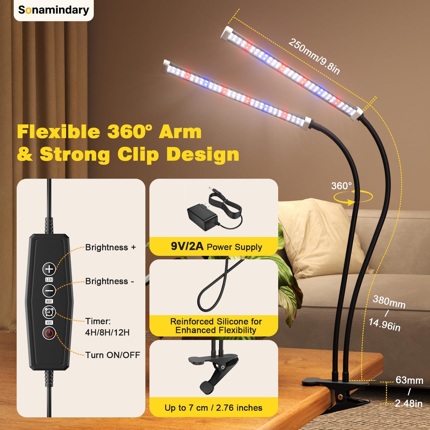Sonamindary Grow Light for Indoor Plants, 120 LEDs Full Spectrum 5700K Plant Lamp with Red Blue White Light, 5-Level Dimmable, 4/8/12H Timer, Adjustable Clamp Stand(Dual Head)