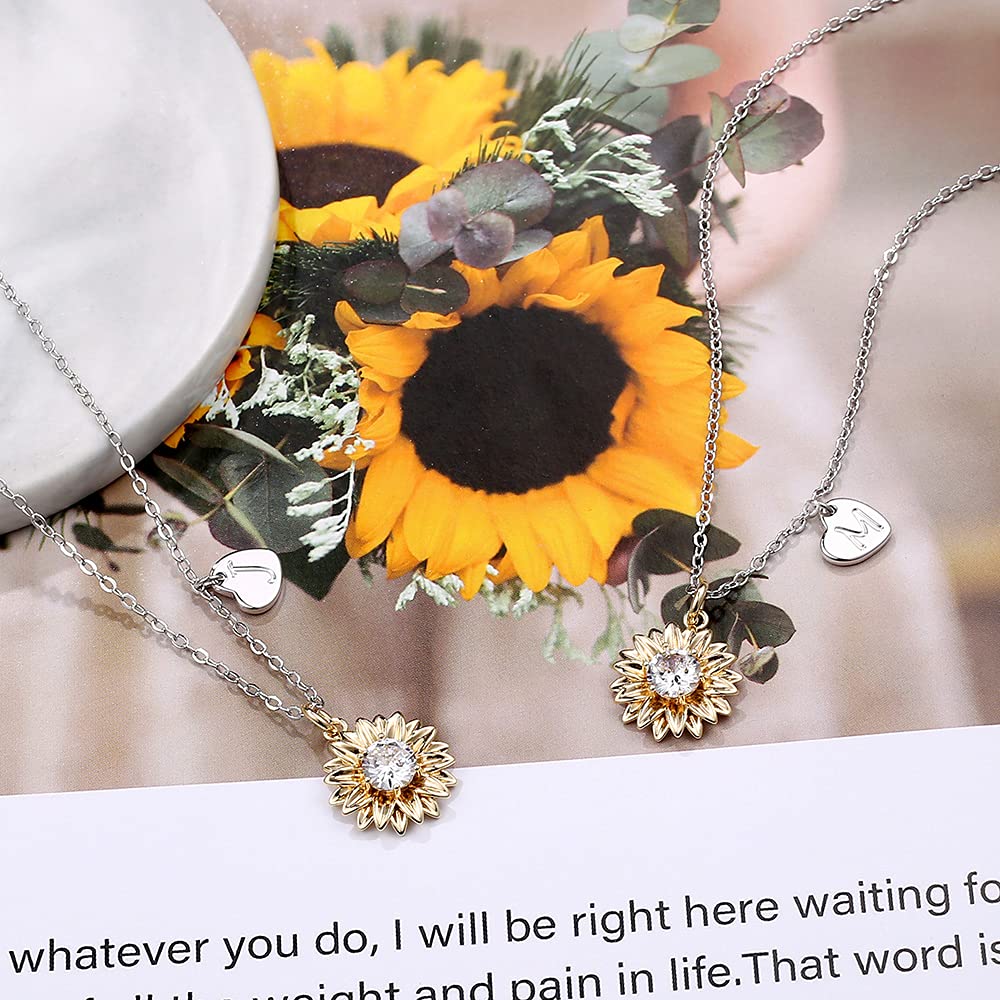 MONOZO Initial Sunflower Necklace for Women Trendy, 14k Gold Plated Sunflower Necklace Pendant CZ Heart Letter Initial Necklace You Are My Sunshine Gifts Sunflower Jewelry L