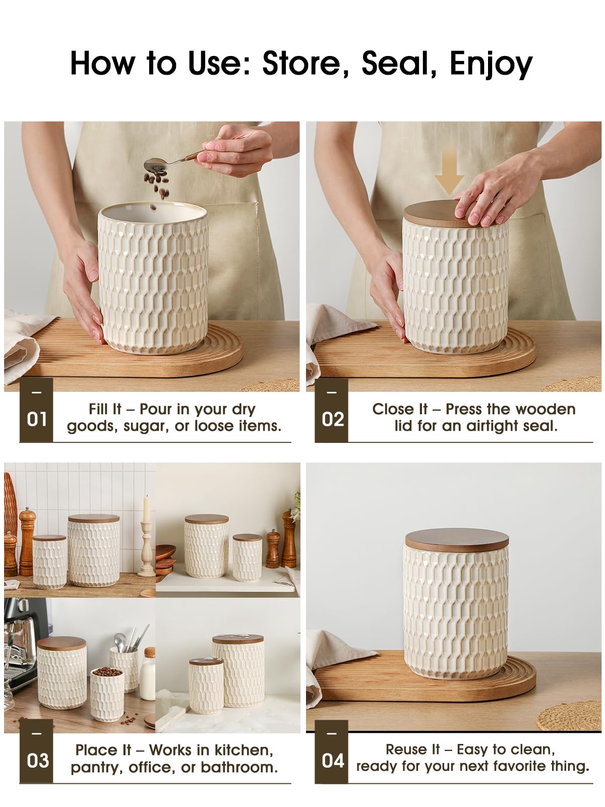 ArteBake Ceramic Canisters Sets for the Kitchen, Flour Sugar Storage Containers, Diamond-Patterned Design, Coffee Canister with Airtight Lid for Counter Spice and Food (White Sets of 2)
