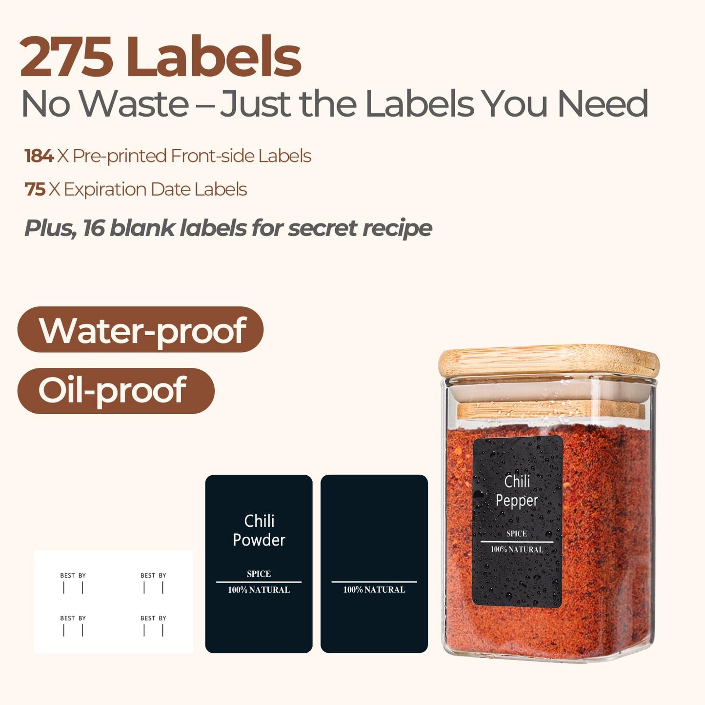 ComSaf 16Pcs Glass Spice Jars with Bamboo Lid, 4oz Airtight Square Spice Containers with 275 Black Lables, Empty Seasoning Jars for Spice Salt Sugar